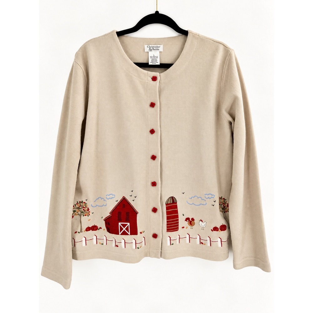 Christopher & Banks Cardigan Women Large Beige Embroidered Farm Cottagecore